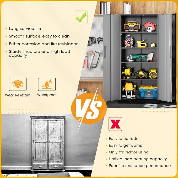 Greenvelly Metal Storage Cabinet,72 Inch Lockable Storage Cabinet with Doors and 4 Adjustable Shelves,Garage Storage Cabinet for Home,School,Gym(Black Grey)