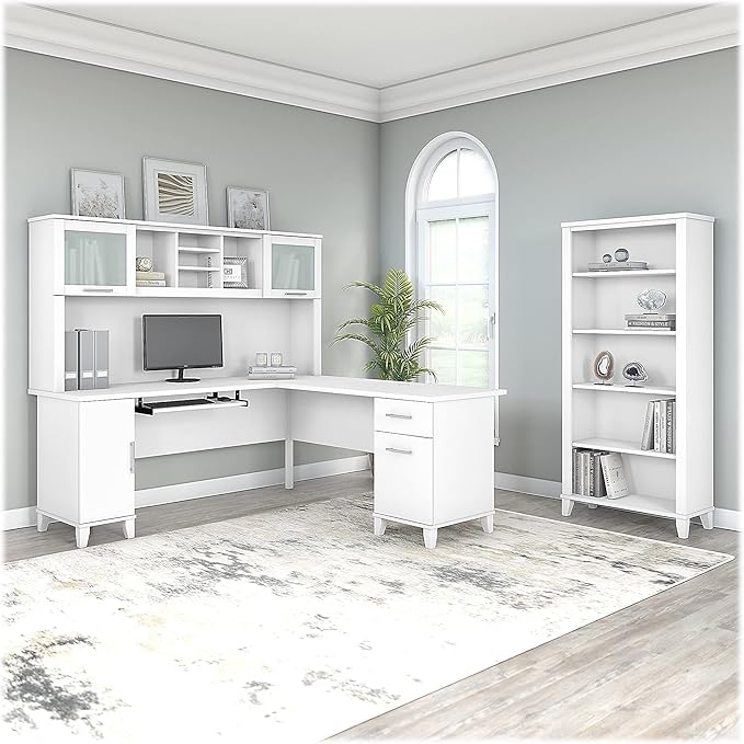 Bush Furniture Somerset 72W L Shaped Desk with Hutch and 5 Shelf Bookcase