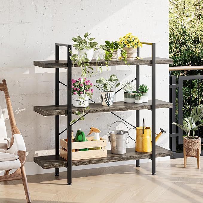 OtterOasis Heavy Duty 3-Tier Industrial Bookcase, 39" Wide Wood Bookshelf for Home Office, 120lbs Shelf Capacity, Rustic Shelving Display with Reinforced Horizontal Shelf for Living Room Bedroom, Grey