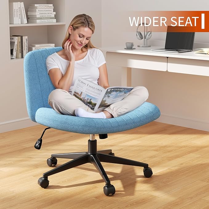 Meilocar Criss Cross Chair with Wheels, Cross Legged Office Chair, Armless Office Chairs Adjustable Height Swivel Tilting Fabric Vanity Chairs for Home Bedroom (Blue)