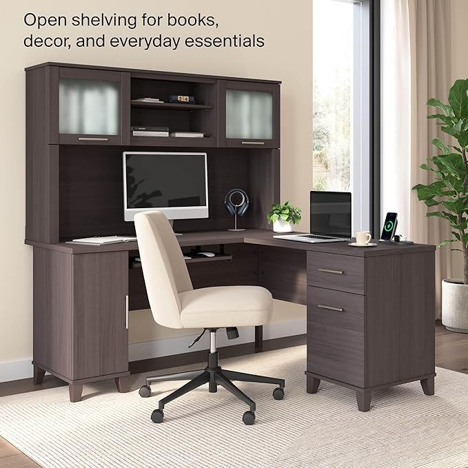 Bush Home 60-Inch Desk Hutch, Office Storage Organizer with Shelves, Cubbies and Frosted Glass Doors for Computer Desk, Home Office Furniture, Somerset Collection, Storm Gray