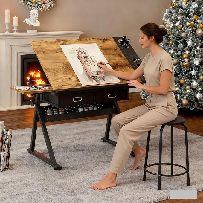 Drafting Table with Stool, Height Adjustable Drawing Table Art Table Painting Table Art Craft Desk with 0-75° Tilting Tabletop and Storage Drawers, Rustic