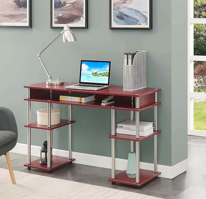 Convenience Concepts Designs2Go No Tools Desk Home Office Desk with Shelves, Corner Shelf Vanity Desk Computer Desk Nail Table for Nail Tech - 47.25" L x 15.75" W x 30" H, Dark Cranberry Red