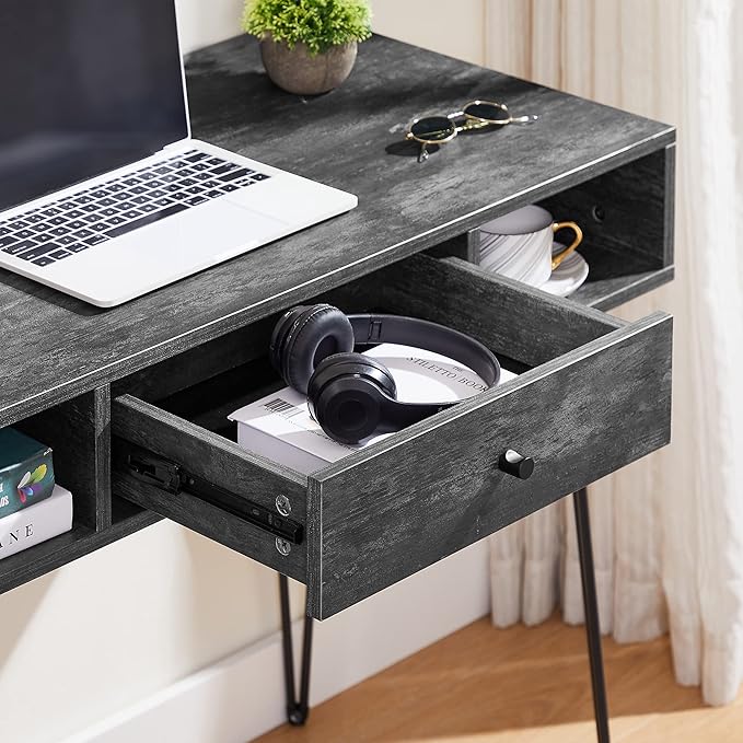 VECELO 39.3" Home Office Work Table with Drawers,Computer Desk with Hairpin Leg for Writing/Study,Charcoal Grey