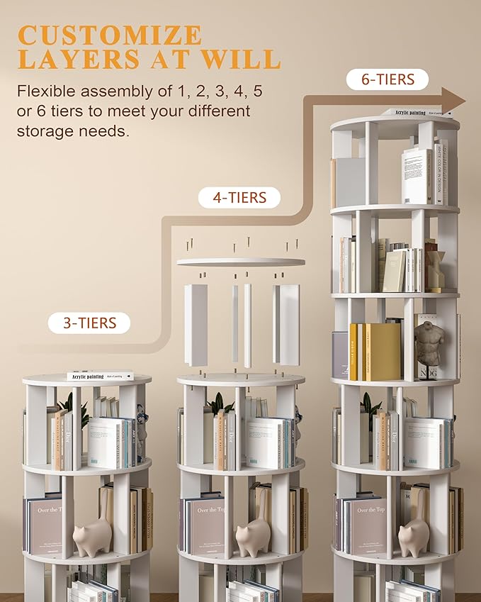 IUNVR Rotating Bookshelf, 6 Tier Solid Wood Bookshelf Tower with Lockable Wheels, 360° Spinning Revolving Bookcase for Small Spaces, Corners, Bedroom, Kids Room, Home Office, White