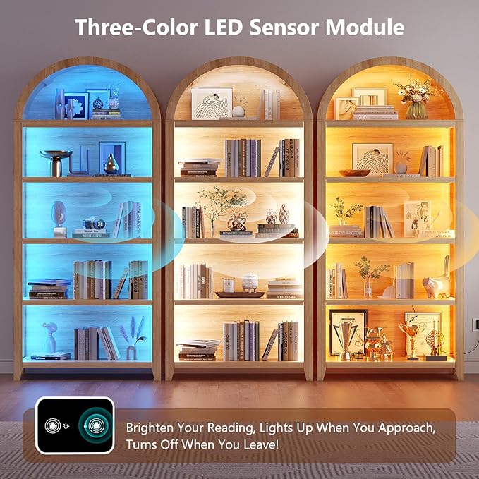 Arch Bookcase - 5 Tiers Bookshelf with 3 Colors LED Sensor Lights and Thickened Wooden Design Display Shelf for Lego Books Bathroom Living Room - Ideal Gift (Wood)