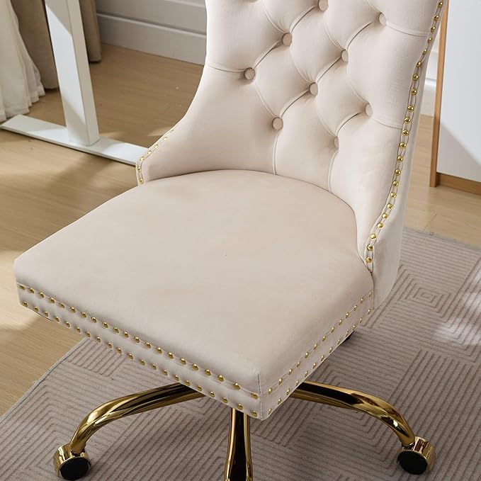 Goujxcy Desk Chair, Modern Velvet Upholstered Tufted Button Home Office Chair, 360° Swivel Armless Desk Chairs, 120°Rocking Ergonomic Computer Task Vanity Chairs, Beige & Gold