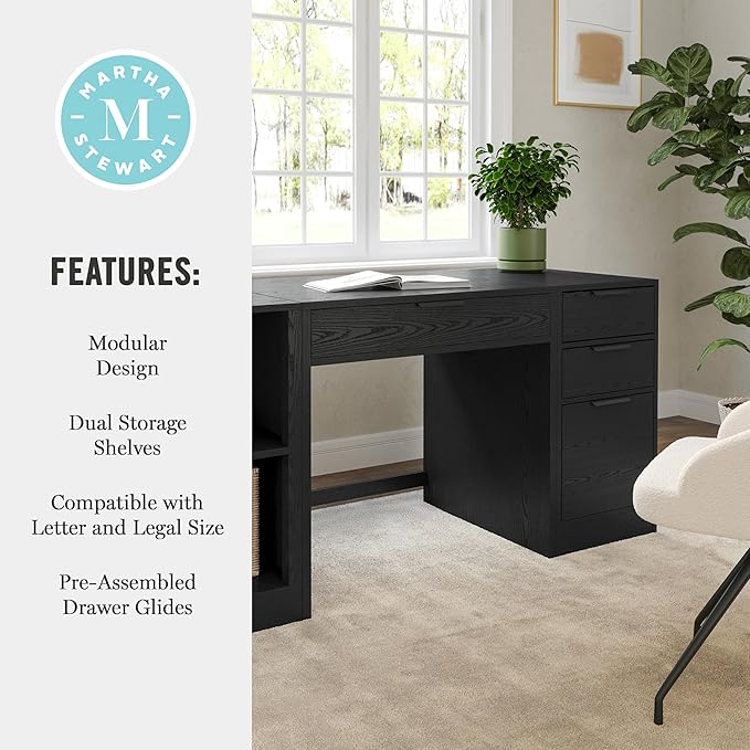 Martha Stewart Kayden Home Office Modular Desk with Drawer, 2 Tier Shelf, and File Cabinet in Black with Oil Rubbed Bronze Hardware