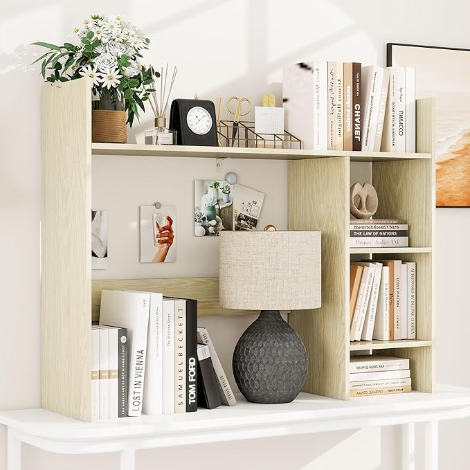 FTZxHKLX Desktop Bookshelf, 37.4’’ Wooden Desk Storage Hutch with 3 Shelves,4 Tier Multipurpose Display Shelf with Storage, Wooden Desk Shelf Organizer for Computer Desk, College Dorm, Office, Home