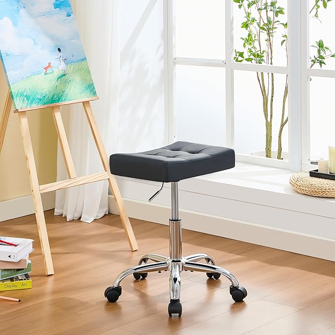 FIRAVOE Ergonomic Rolling Shop Stool (Adjustable Height 17-21 inch) Salon Stool for Hair Stylist (Black)