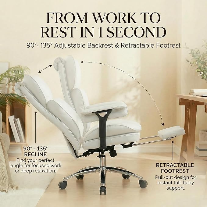 Efomao Big & Tall Executive Office Chair with Footrest - 400lbs Heavy Duty High Back PU Leather Desk Chair, Modern Ergonomic Reclining Computer Chair, White