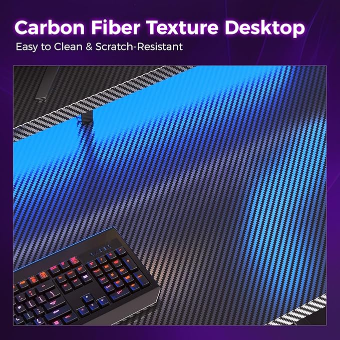 AODK Gaming Desk, 55 Inch Computer Desk with Led Lights, Office Desk with PC Tower Stand, Reversible Desk with Monitor Shelf & Headphone Hook, Carbon Fiber Black