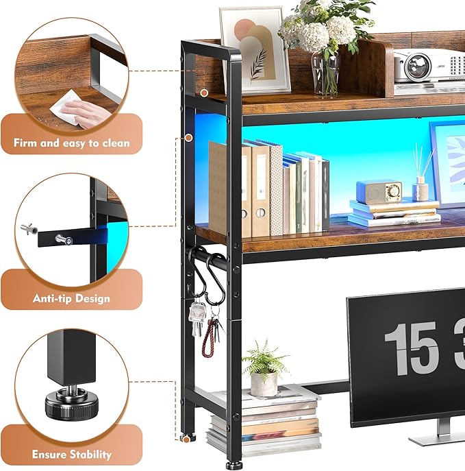 REIBII 35.5" Desk Shelf with LED Lights and Hooks,2-Tier Adjustable Multipurpose Solid Wood Desk Hutch Dorm,Desktop Organizer Rack with 3 Display Rack for Dorm,Office Home,Rustic Brown