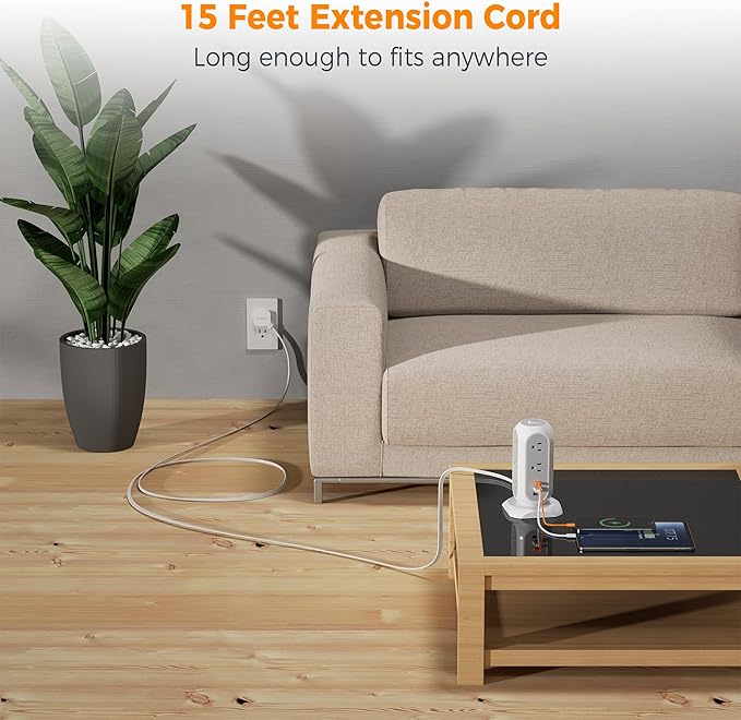 TESSAN Tower Power Strip Flat Plug with 11 Outlets 3 USB (1 USB C), Surge Protector Tower 1625W/13A,1050J Protection, 15 Feet Extension Cord with Multiple Outlets, Dorm, Office Desk Supplies, Grey