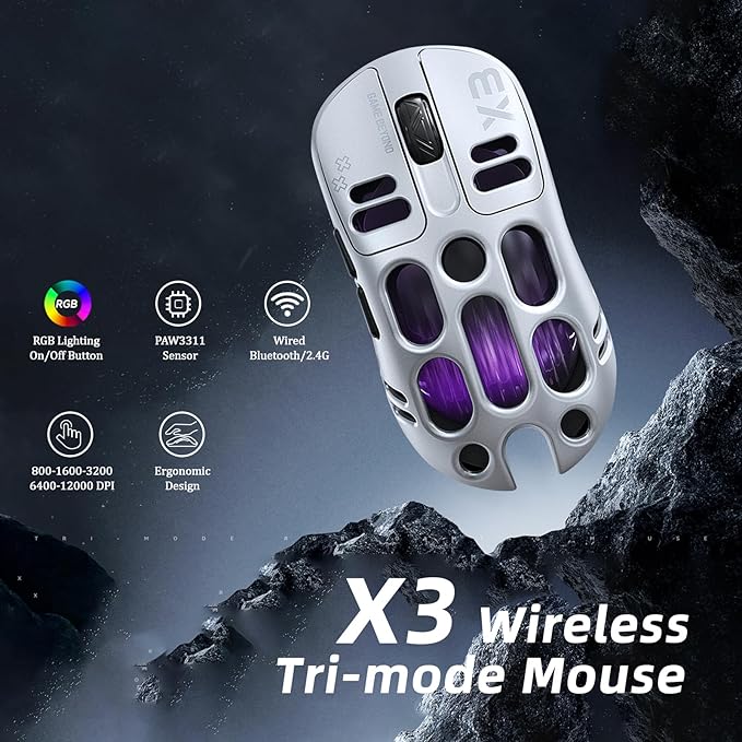 X3 Wireless Gaming Mouse with 70g Lightweight Hollowed Out Design – 12,000 DPI PAW 3311 Sensor, 6 Programmable Buttons, Support Wired/2.4GHz/BT for PC/Mac/Gamer (White)