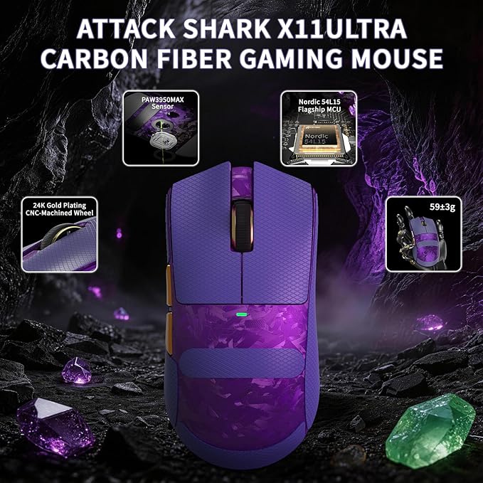 ATTACK SHARK X11Ultra 8K Carbon Fiber Wireless Gaming Mouse,Nordic 54L15 MCU,PAW3950MAX Sensor,59g Superlight,42000 DPI,BT/2.4Ghz/Wired Mouse with 100 Million Clicks,Programmable for Pc/Mac,Purple pro