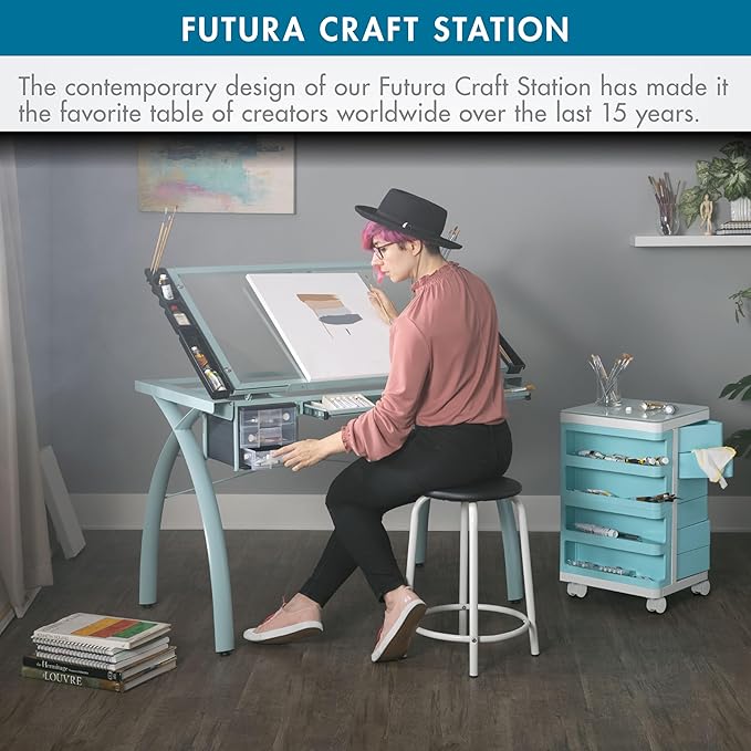 SD Studio Designs Futura Craft & Drawing Table with Adjustable Tempered Safety Glass Top – Modern Art Desk with Storage Drawers, Pencil Ledge, Glossy Sage/Clear Glass