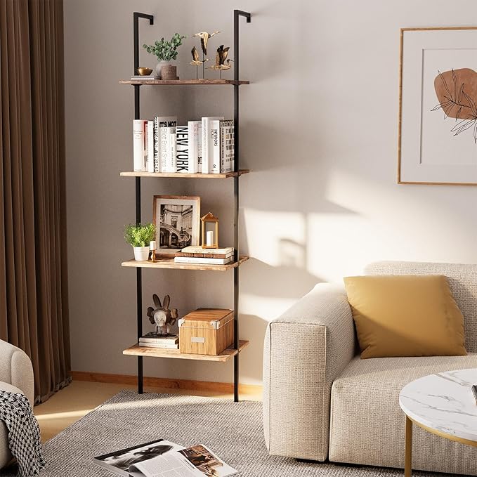 Wolawu Ladder Shelf 4 Tiers Metal Industrial Bookshelf,Brown Wood Tall Open Storage Rack and Display Shelves,Wall Mount Wide Book Case for Home Office Bedroom,Small