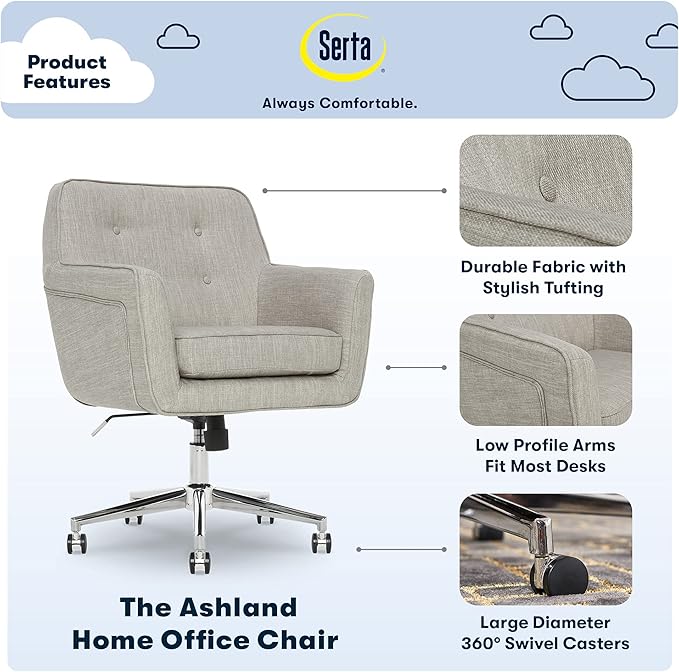 Serta Ashland Home Office Desk Chair with Button Tufted Mid-Back, Memory Foam Cushion and Padded Arms, Mid Century Modern Vanity Armchair with Wheels for Bedroom, Chrome Metal Base, Light Gray