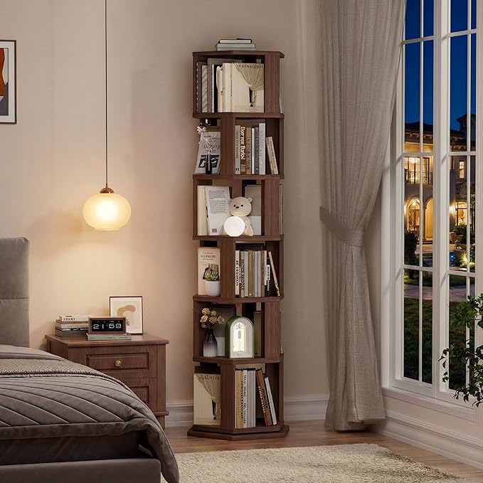 BACEKOLL Rotating Bookshelf Tower, 6 Tier Spinning Book Shelf, Wood Round Revolving Bookcase, Narrow Rolling Bookshelves, Vertical Book Storage for Corner Small Spaces, Bedroom, Living Room,Walnut