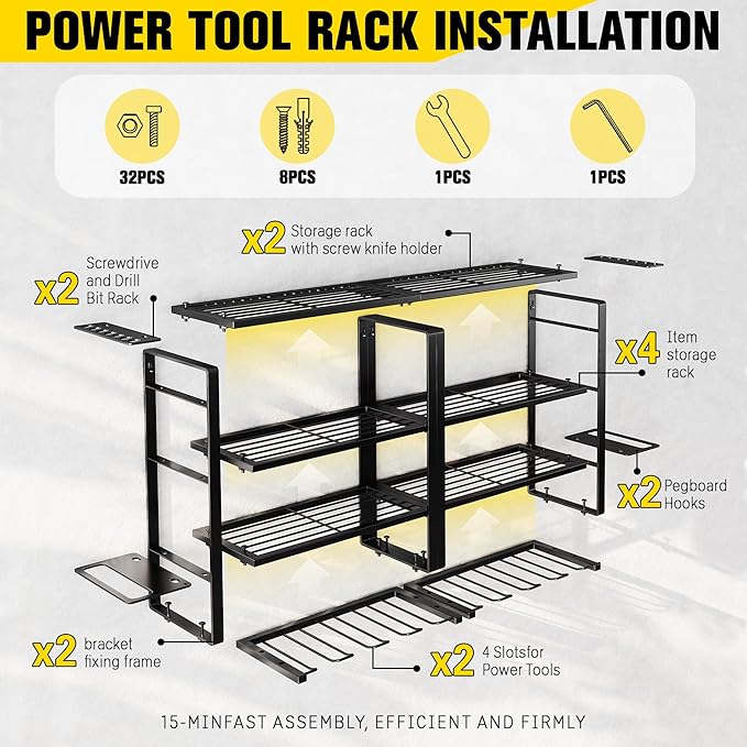 Hipidian Power Tool Organizer Wall Mount - Storage Rack with 4 Drill Holders for Drills Cordless Tools. Heavy Duty Iron Garage Tool Organizer Storage for Workshop Shed (4 Slots 4 Layers 2 Pack)