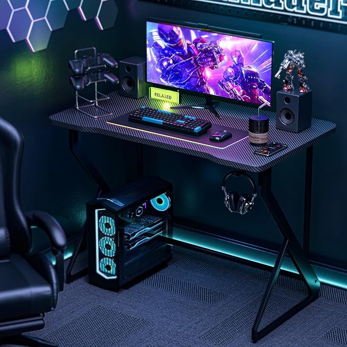 Grandder Gaming Desk Z Shaped 47 Inch Gamer Workstation, Home Computer Carbon Fiber Surface Gaming Desk PC Table with Headphone Hook, Carbon Fiber Black