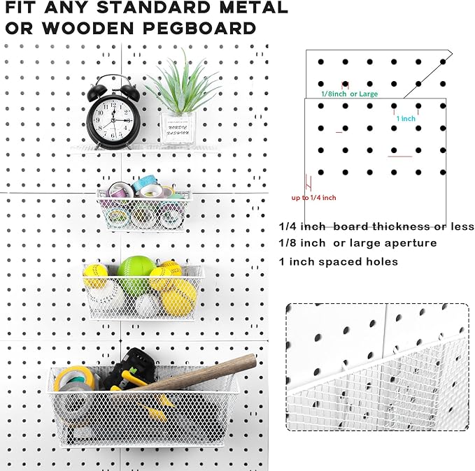 Sieral 6 Pieces Pegboard Baskets Wall Mount Wire Peg Board Baskets 3 Sizes Pegboard Accessories Slatwall Bins Basket Home Garage Hanging Organizer for Tools and Craft(White)