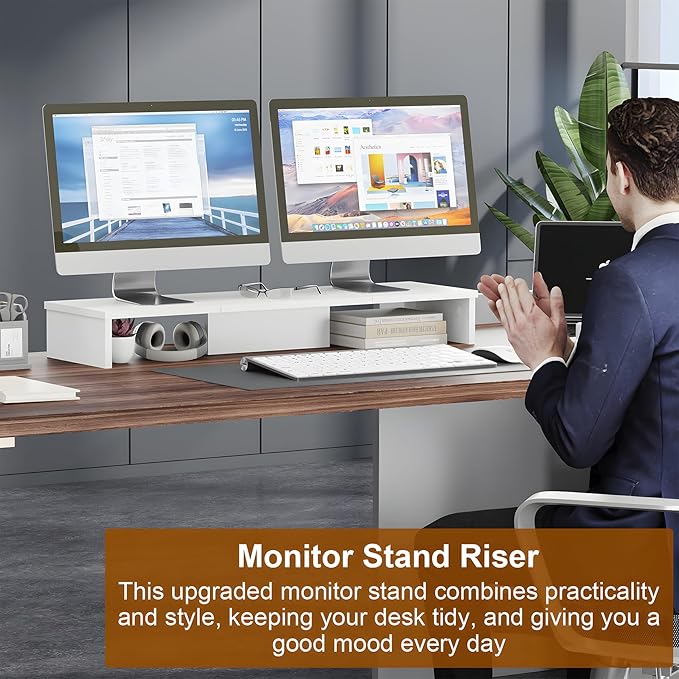 Qupui Dual Monitor Stand Riser for Desk with LED Lights, Large Computer Monitor Stand for 2 Monitors, Desk Shelf for Top of Desk, Desktop Organizer for Computer, Laptop, Printer, TV
