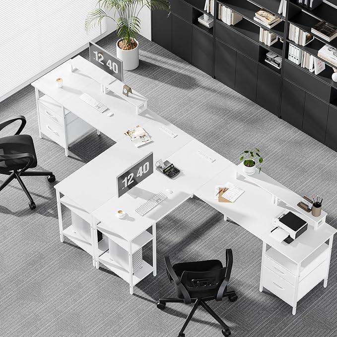 DUMOS 62 Inch L Shaped Gaming Desk with Charging Station & 2 Monitor Stands, Computer Desk with Drawer & Adjustable Storage Shelves, Large Corner Desk for Home Office, Pure White