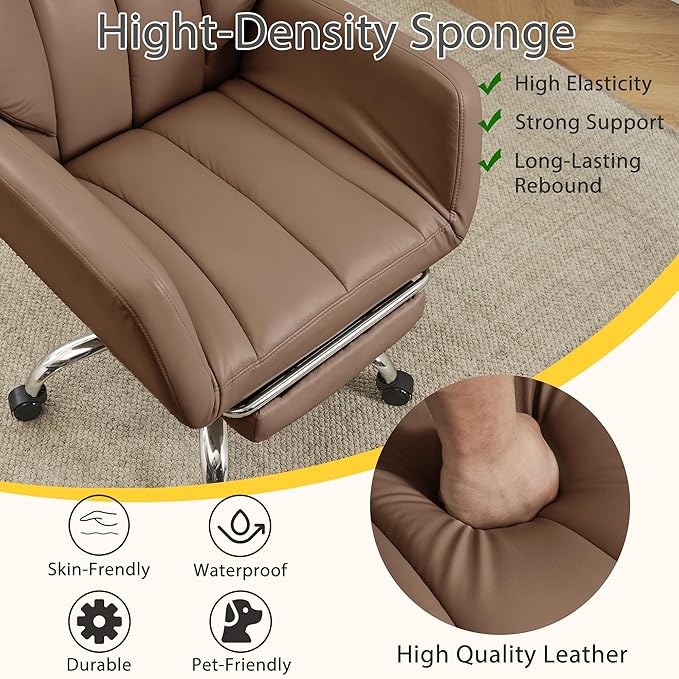 Ergonomic Cross Legged Office Chair with Footrest,Leather Big and Tall Executive Chair with Wheels,Reversible Armrest and Lumbar Pillow,155° Reclining Computer Wide Desk Chair for Home,Office (Brown)