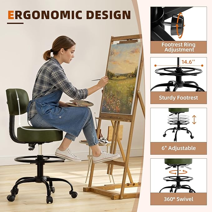 Drafting Chair with Back, Adjustable Foot Rest Rolling Stool (2, Green)