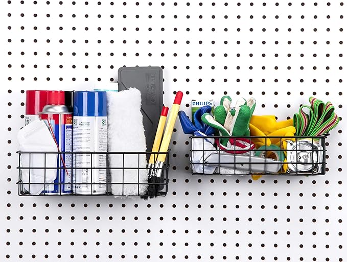 Pegboard Basket Set of 2, Medium + Small Size Basket, Black - Hooks to Any Peg Board - Organize Tools, Workbench, Accessories, Garage Storage - Wall Organizer Attachments