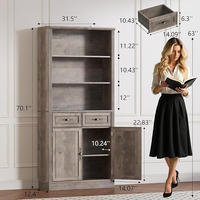 BORNOON 70.1" Tall Bookshelf with Drawers & Cabinet, 5-Tier Floor Standing Bookcase with Storage Doors, Adjustable Shelves & Metal Handles, 31.5" Wide Organizer for Home Office, Living Room