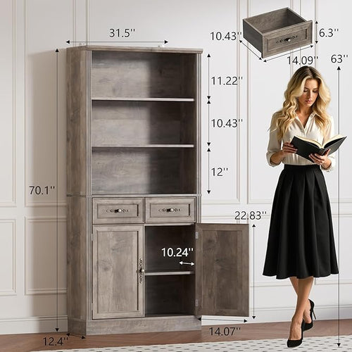 BORNOON 70.1" Tall Bookshelf with Drawers & Cabinet, 5-Tier Floor Standing Bookcase with Storage Doors, Adjustable Shelves & Metal Handles, 31.5" Wide Organizer for Home Office, Living Room