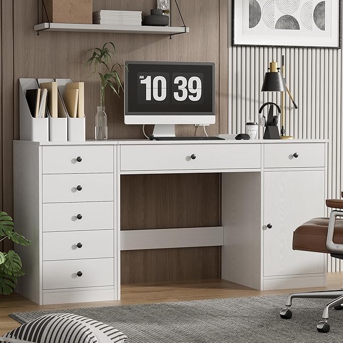 TUSY Office Desk and 5-Drawer Cabinet Set, 31.5" H White Desk with Drawers, 47.24" W Executive Desks with Storage, Computer Table for Home Office, Study, Small Spaces