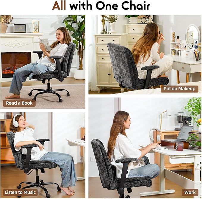Criss Cross Chair with Wheels & Flip Arms, Wide Cross Legged Office Chair with Adjustable Tilt Criss-Cross Desk Chair with Lumbar Support for Home Office, Bedroom, Apartment Black