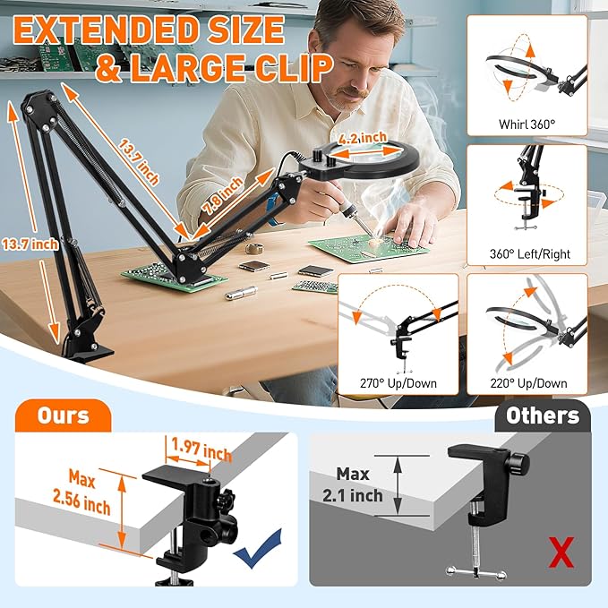 KIRKAS 12X & 30X Magnifying Glass with Light and Stand, Extra-Long Arm Magnifying Lamp Overhead Knob for Workbench, Craft, LED Lighted Magnifier Real Glass Lens Stepless Dimming and Color(35in Clamp)