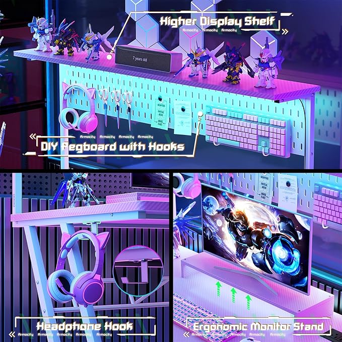 Armocity Pink Gaming Desk with Hutch and LED Lights, 53" Computer Desk with Storage Shelves, Reversible PC Gaming Desk with Pegboard, Gamer Desks for Bedroom, Carbon Fiber Surface