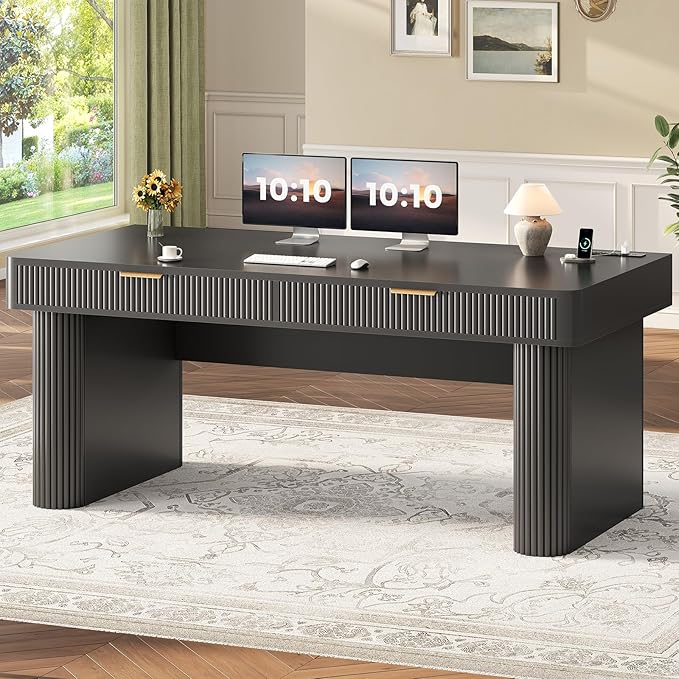 SEDETA Office Desk with 2 Drawers, 59" Fluted Computer Desk with Storage and Power Strip, Wood Executive Desk, Writing Desk for Home Office, Living Room, Bedroom, Black