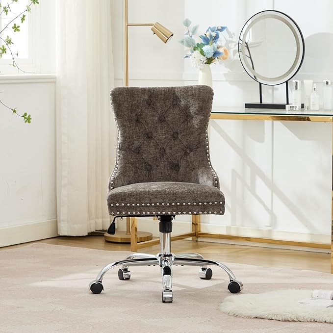 Goujxcy Desk Chair, Modern Chenille Upholstered Tufted Button Home Office Chair, 360° Swivel Armless Desk Chairs, 120°Rocking Ergonomic Computer Task Vanity Chairs, Gray