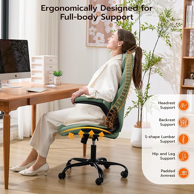 Office Desk Chair, Ergonomic Computer Chair with Padded Flip-Up Arms and Adjustable Lumbar Support, PU Leather Executive Chair with Tilt Lock and 360° Swivel Rolling Wheels for Work, Study