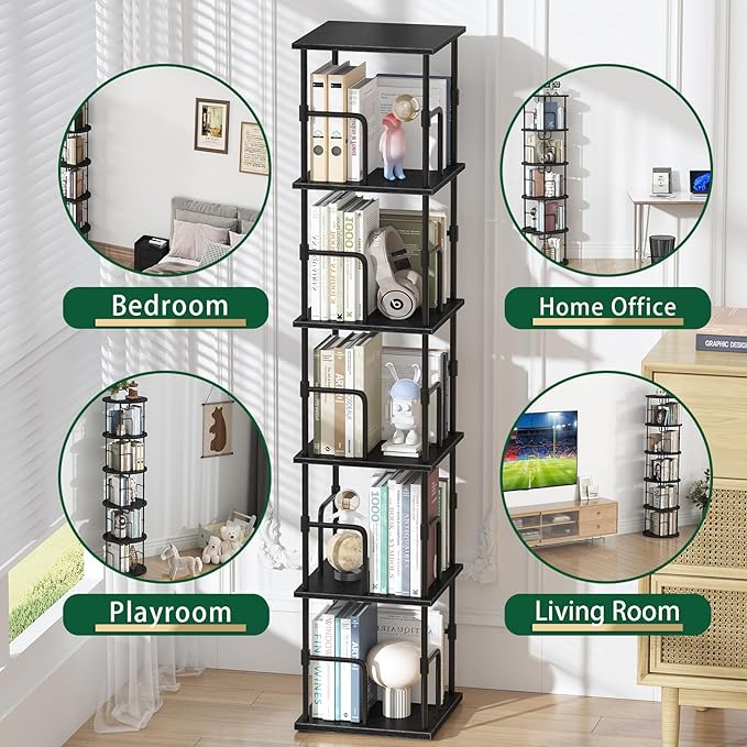 5-Tier Rotating Bookshelf, Freestanding Corner Bookshelf Industrial Style Storage Rack with Rails, for Living Room, Bedroom,