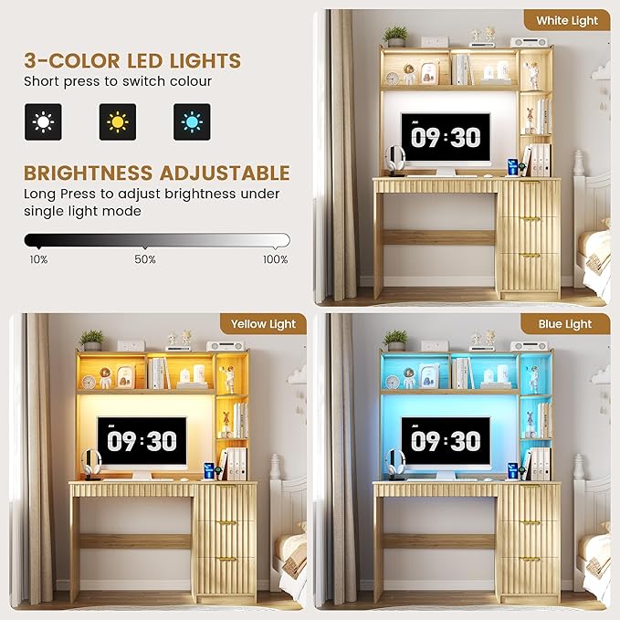 Lvifur LED Study Desk - with Hutch & Storage Cabinet,Home Office Desk with Outlet and 3 Color LED and Card-Based Lock,Writing Desk Computer Desks for Studyroom,Ideal for Office Set,Natural