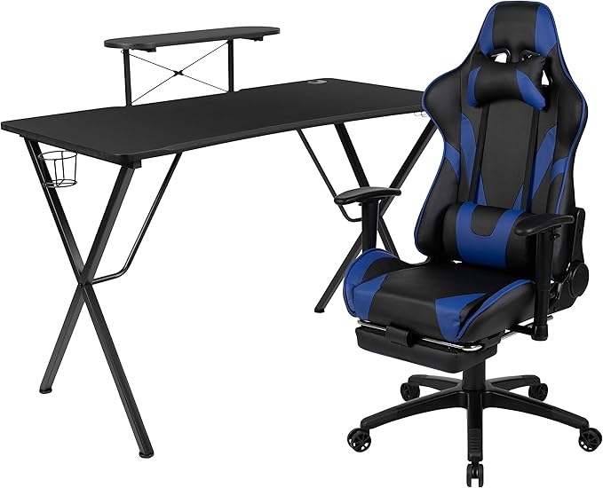 Flash Furniture Optis Black Gaming Desk with Cup Holder/Headphone Hook and Monitor/Smartphone Stand & Blue Reclining Gaming Chair with Footrest