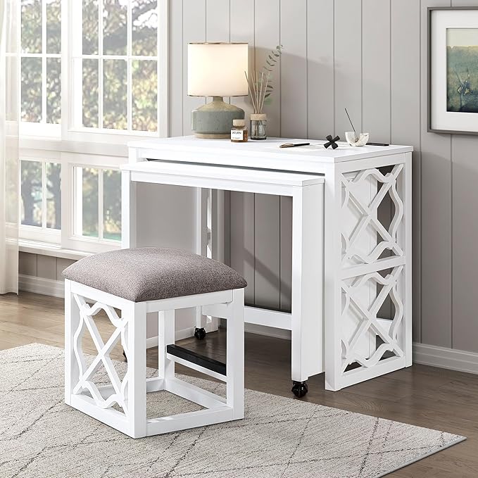 Desks and Stool Set 3pc White Finish Rolling Desk with Casters, 2 Charging Ports Home Office Furniture(White)