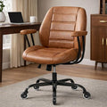 Brown Leather Office Chair with Quiet Rubber Wheels and Lumbar Support, Mid-Back Ergonomic Desk Chair with Removable Armrests, Height Adjustable Computer Chair for Home Office
