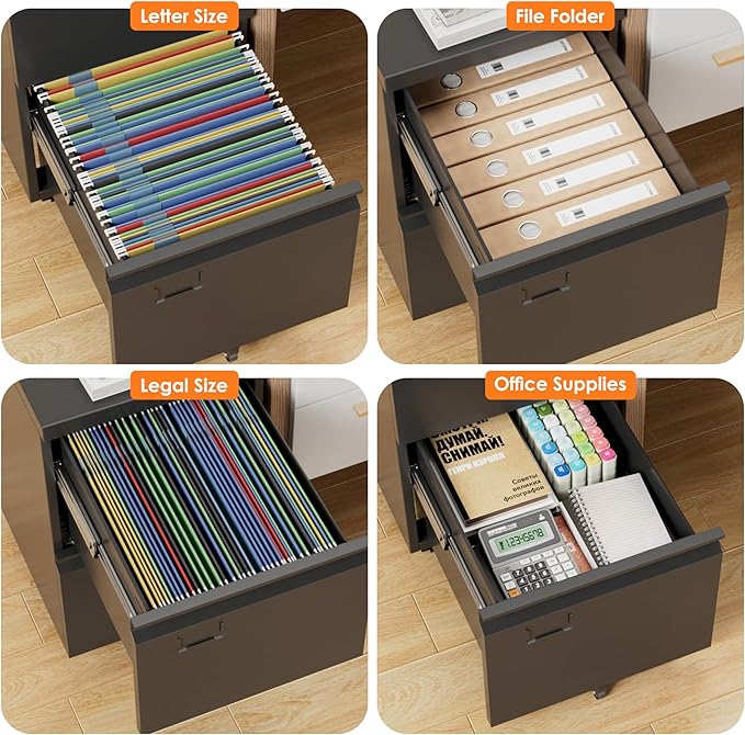 SUXXAN 2 Drawer Mobile File Cabinet with Lock, Heavy Duty Steel Under Desk Filing Cabinet for Letter/Legal Size, Anti-Tip Design with 5 Casters, Metal Storage Organizer for Home Office