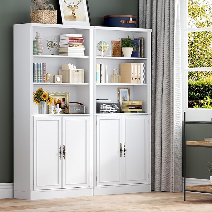 BORNOON 70.1" Tall Bookshelf with Cabinet, 5-Tier Floor Standing Bookcase with Doors & Adjustable Shelves, 31.5" Wide Storage Shelf, Metal Handles, Modern Organizer for Home Office, Living Room