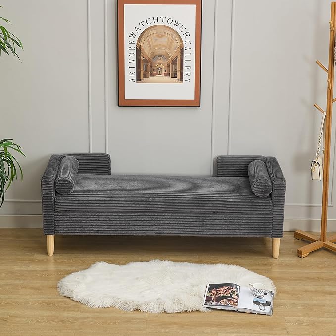 65.35"Wide Upholstered Flip-top Storage Accent Bed Bench, Corduroy Footrest Ottoman with Armrests&Backrest&2 Bolster Pillows Wood Legs for Living Room, End of Bed, Hallway, Entryway Bedroom. Charcoa