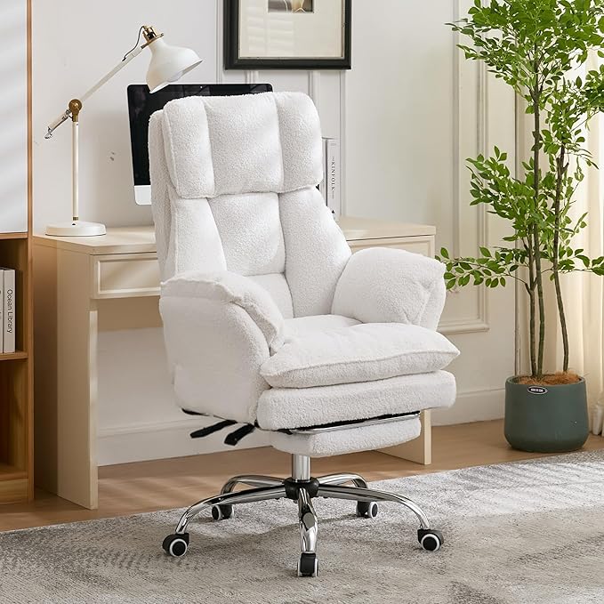 Ergonomic Cloud Cross Legged Office Chair with Footrest,Teddy Fleece Big and Tall Executive Chair with Wheels,Reversible Armrest,155° Reclining Computer Wide Desk Chair for Home,Office (Beige)